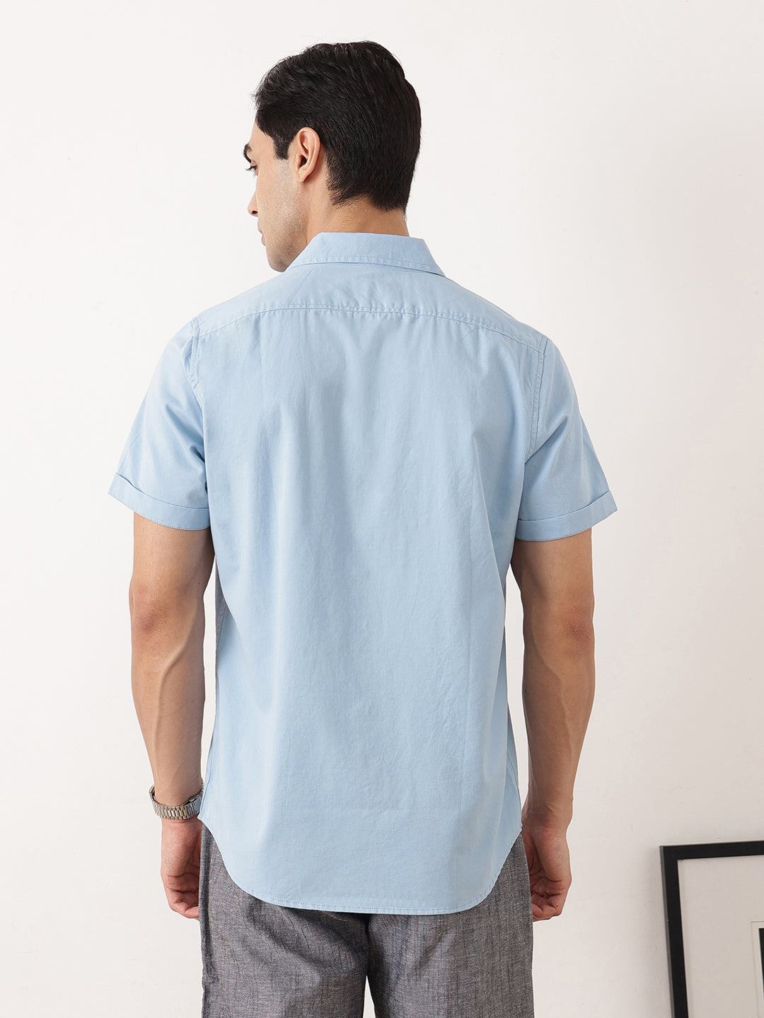 Thomas Scott Men Blue Premium Slim Fit Short Sleeves Spread Collar Solid Cotton Twill Casual Shirt