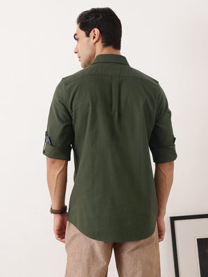 Thomas Scott Men Bottle Green Premium Slim Fit Long Roll-Up Sleeves Spread Collar Solid Cotton Casual Shirt with Flap Pockets