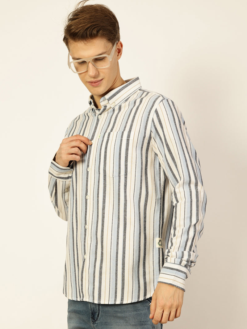 Thomas Scott Men Light Blue Premium Long Sleeves Slim Fit Button-Down Collar Vertical Stripes Casual Shirt