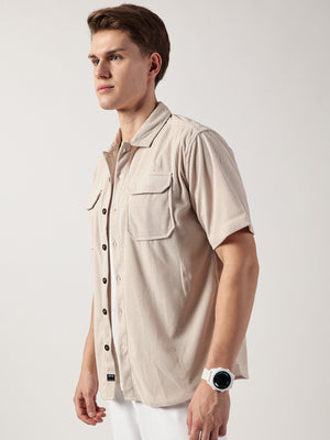 Thomas Scott Men Beige Premium Oversized Short Sleeves Spread Collar Corduroy Casual Shirt