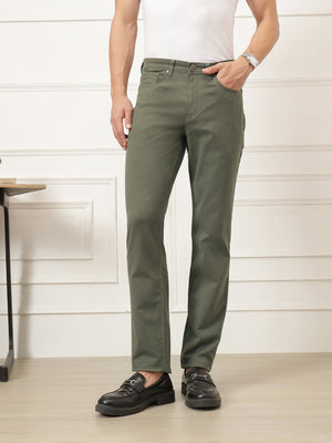 Green Smart Straight Fit Mid-Rise Solid Woven Trouser For Men