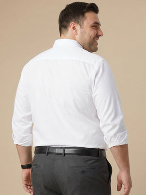 White Plus Size Regular Fit Long Sleeves Spread Collar Textured Cotton Formal Shirt For Men
