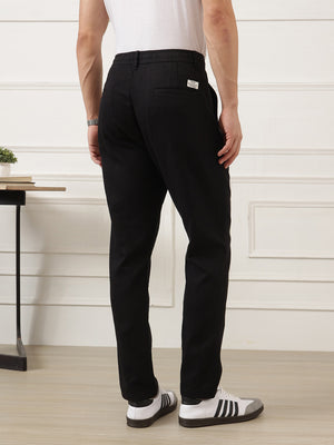 Black Smart Easy Wash Mid Rise Regular Fit Cotton Woven Pleated Chinos Trouser For Men