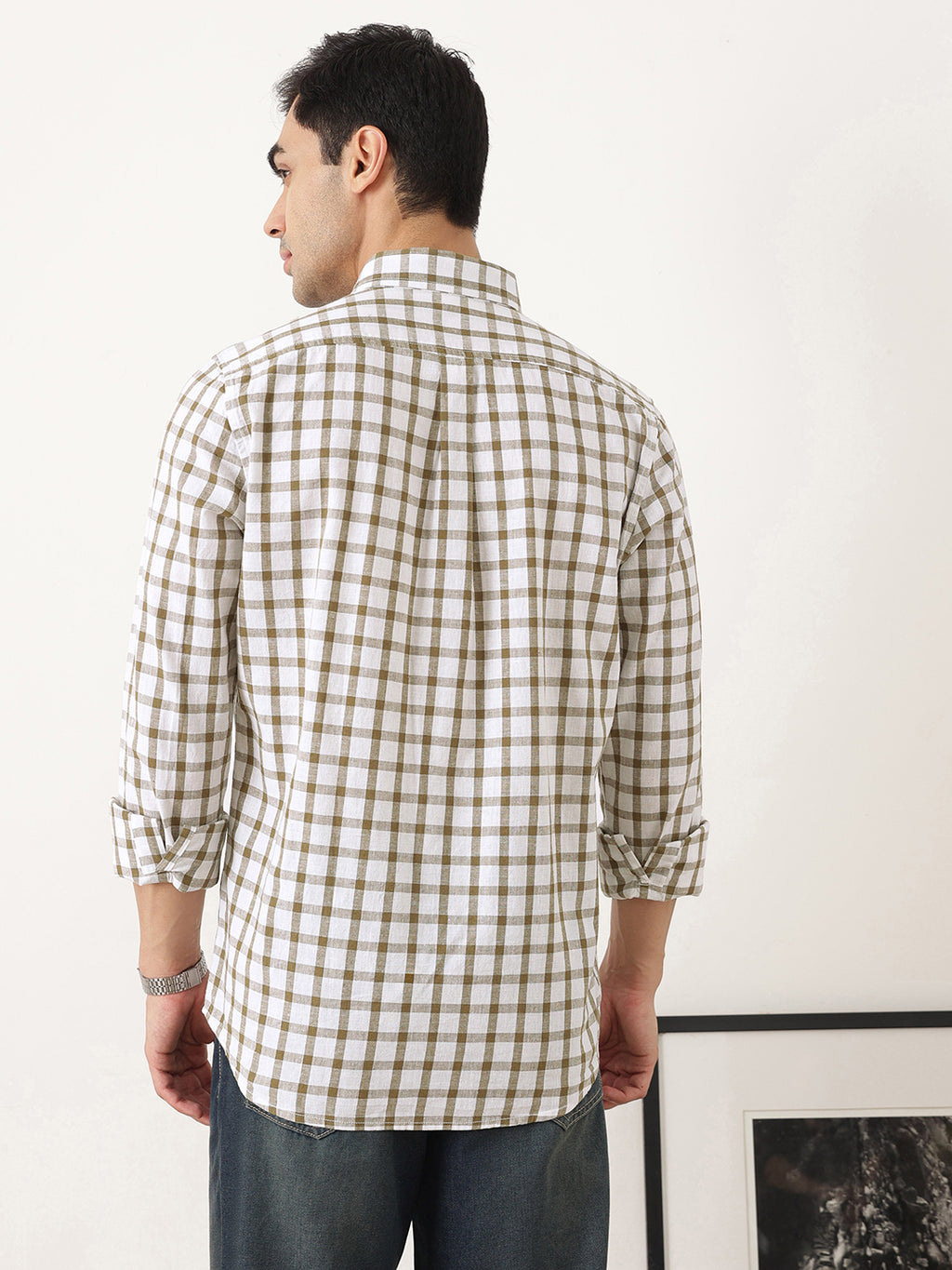 Thomas Scott Men Brown Regular Fit Long Sleeves Gingham Checks Button Down Collar Cotton Linen Casual Shirts
