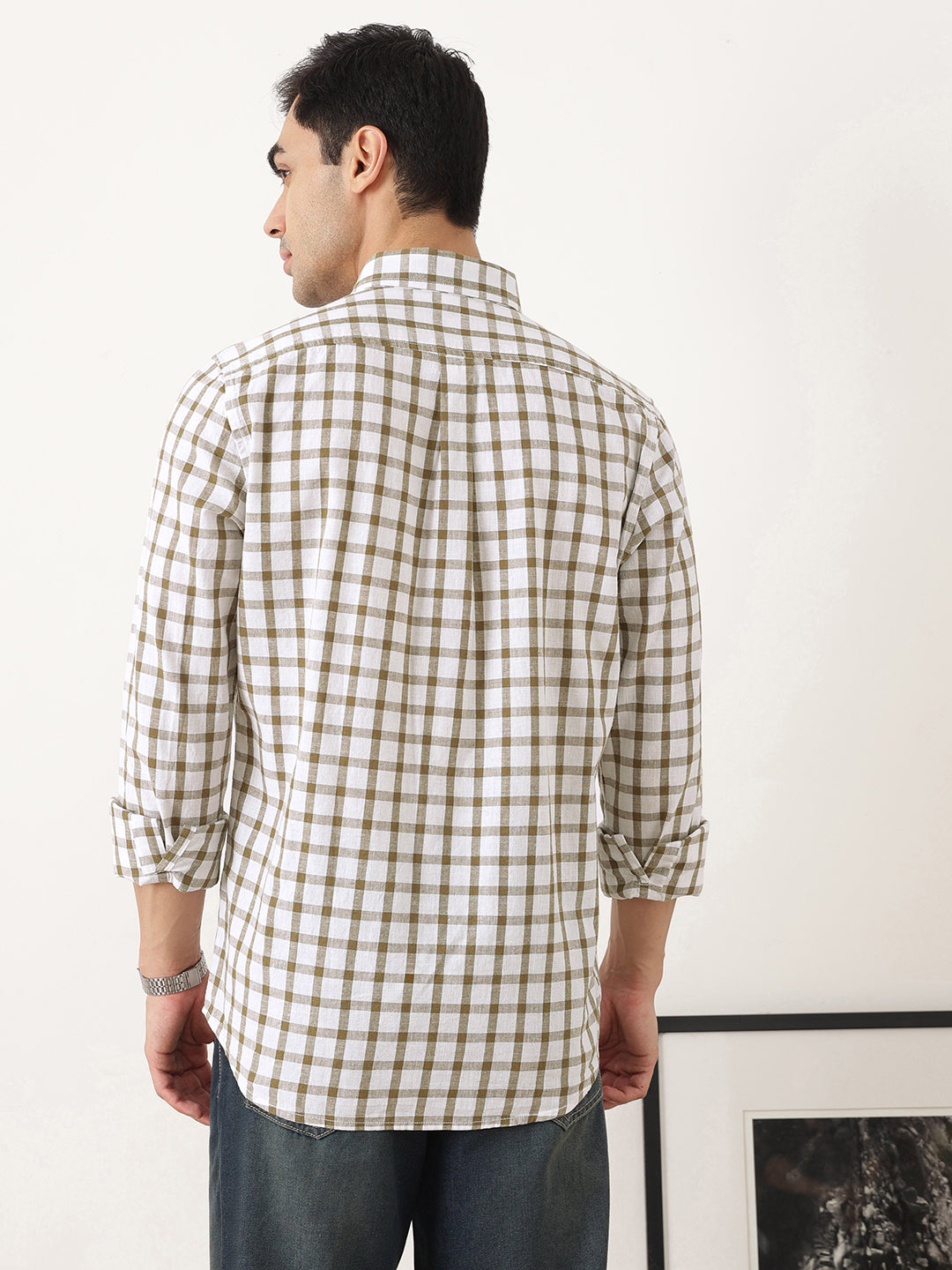 Thomas Scott Men Brown Regular Fit Long Sleeves Gingham Checks Button Down Collar Cotton Linen Casual Shirts