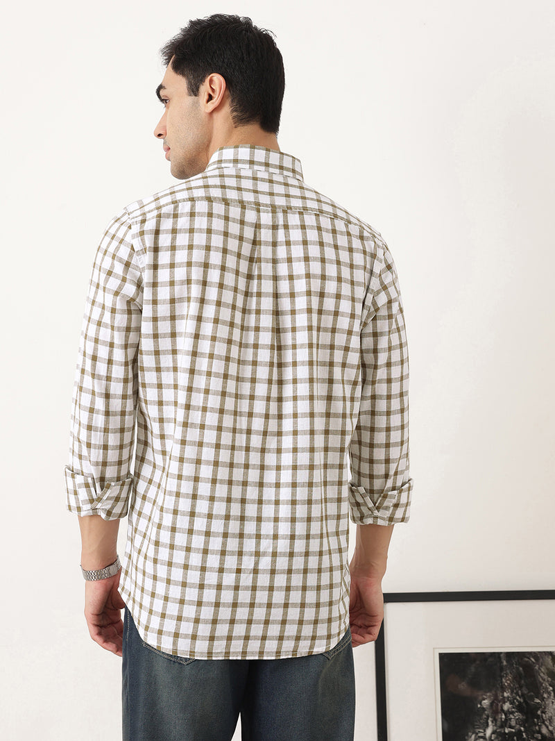 Thomas Scott Men Brown Regular Fit Long Sleeves Gingham Checks Button Down Collar Cotton Linen Casual Shirts