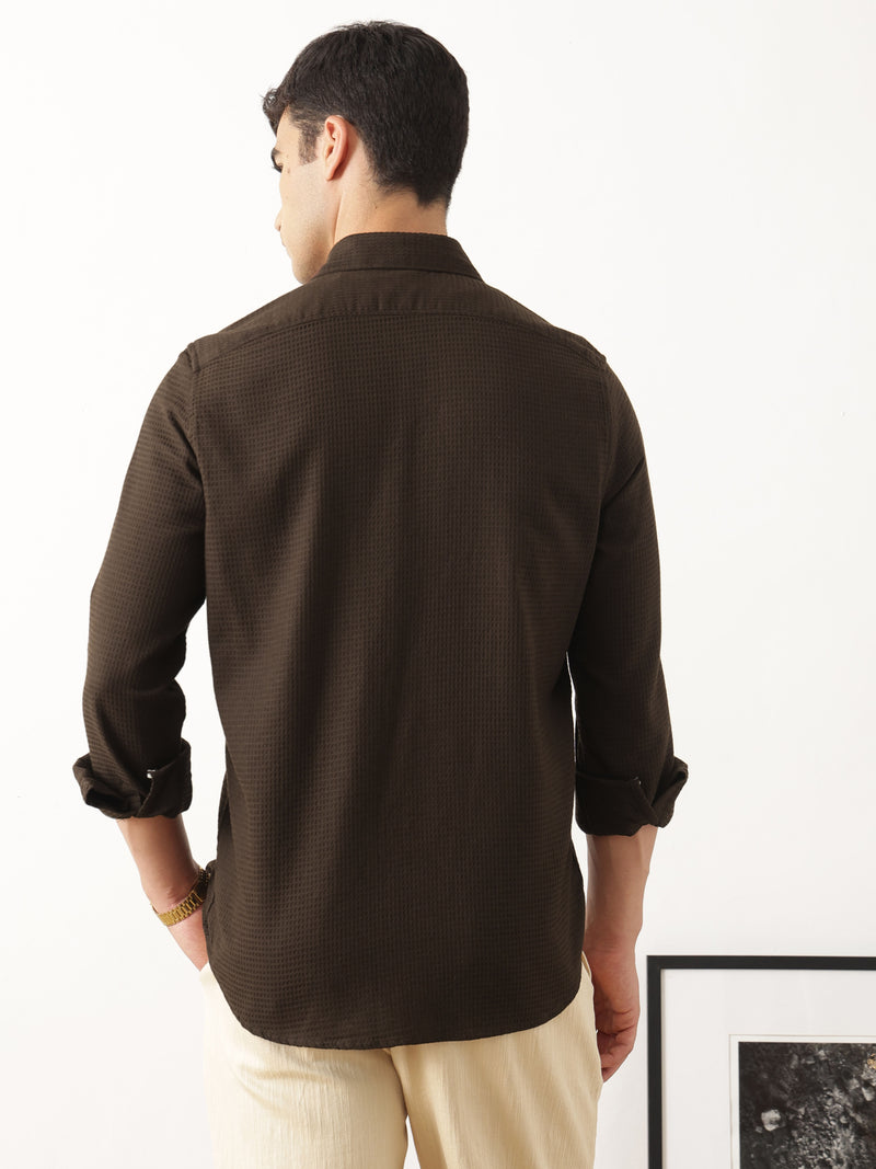 Thomas Scott Men Premium Brown Regular Fit Long Sleeves Spread Collar Textured Casual Shirt