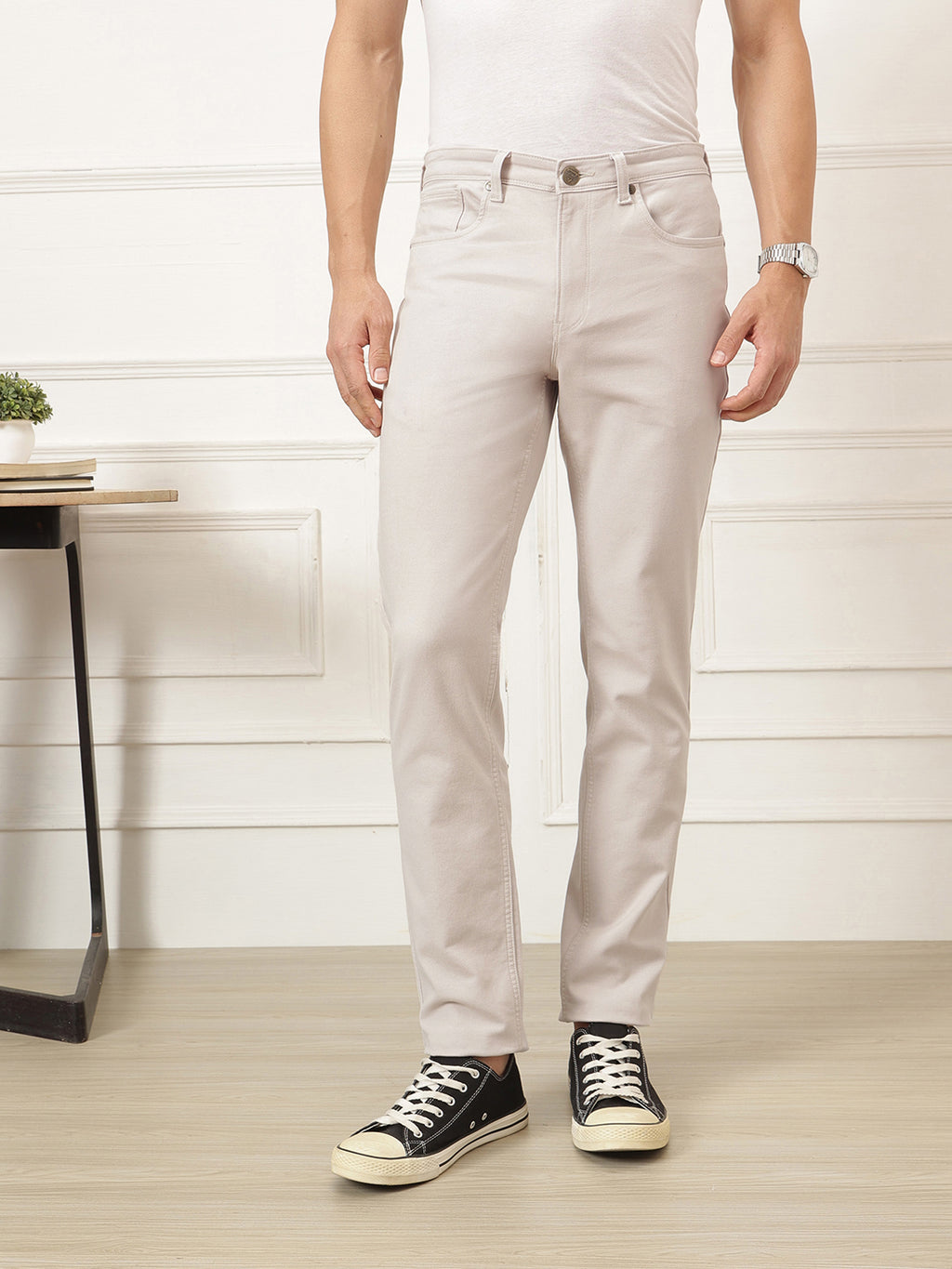 Grey Smart Straight Fit Mid-Rise Solid Woven Trouser For Men