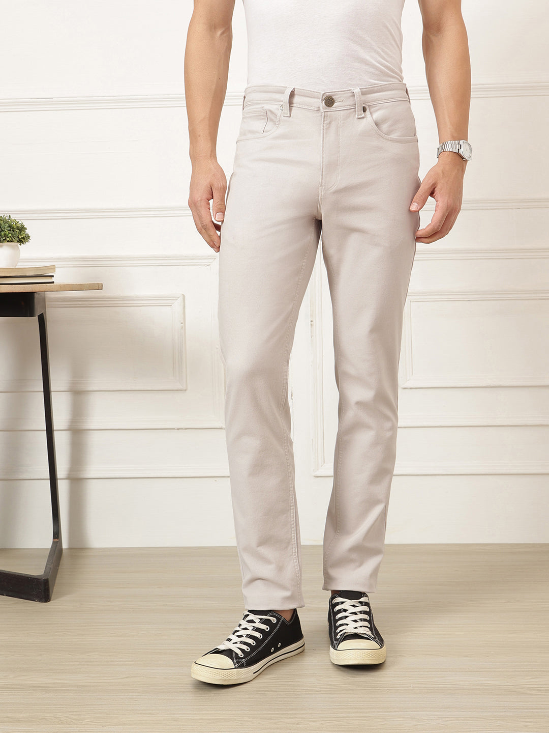 Grey Smart Straight Fit Mid-Rise Solid Woven Trouser For Men