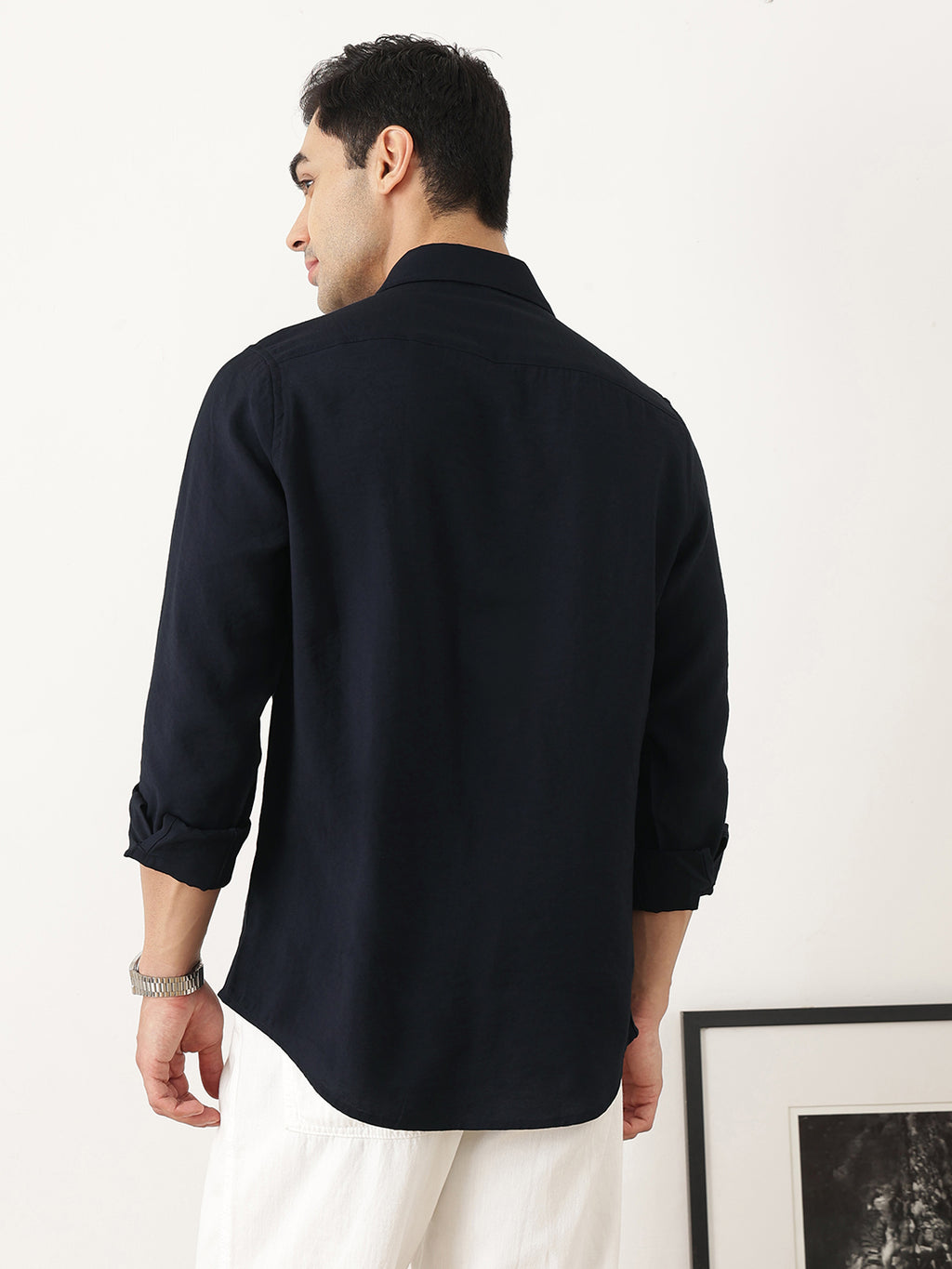 Thomas Scott Men Navy Premium Slim Fit Long Sleeves Semi Cutaway Collar Casual Shirt
