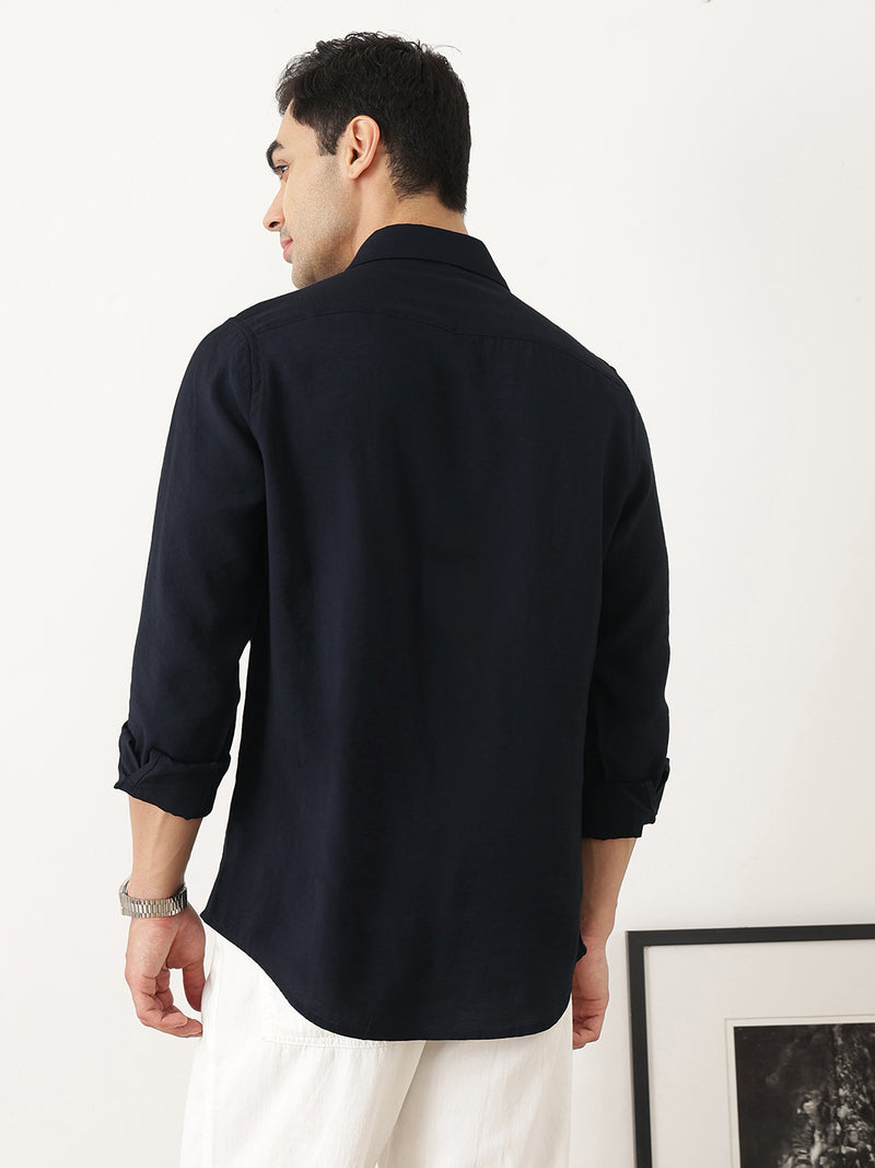 Thomas Scott Men Navy Premium Slim Fit Long Sleeves Semi Cutaway Collar Casual Shirt