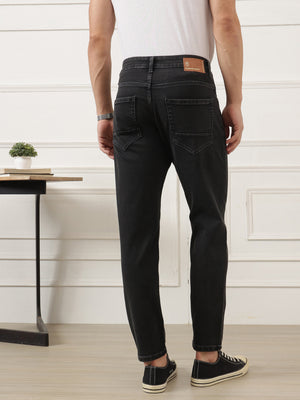 Black Smart Carrot Fit Mid-Rise No Faded Clean Look Stretchable Jeans For Men
