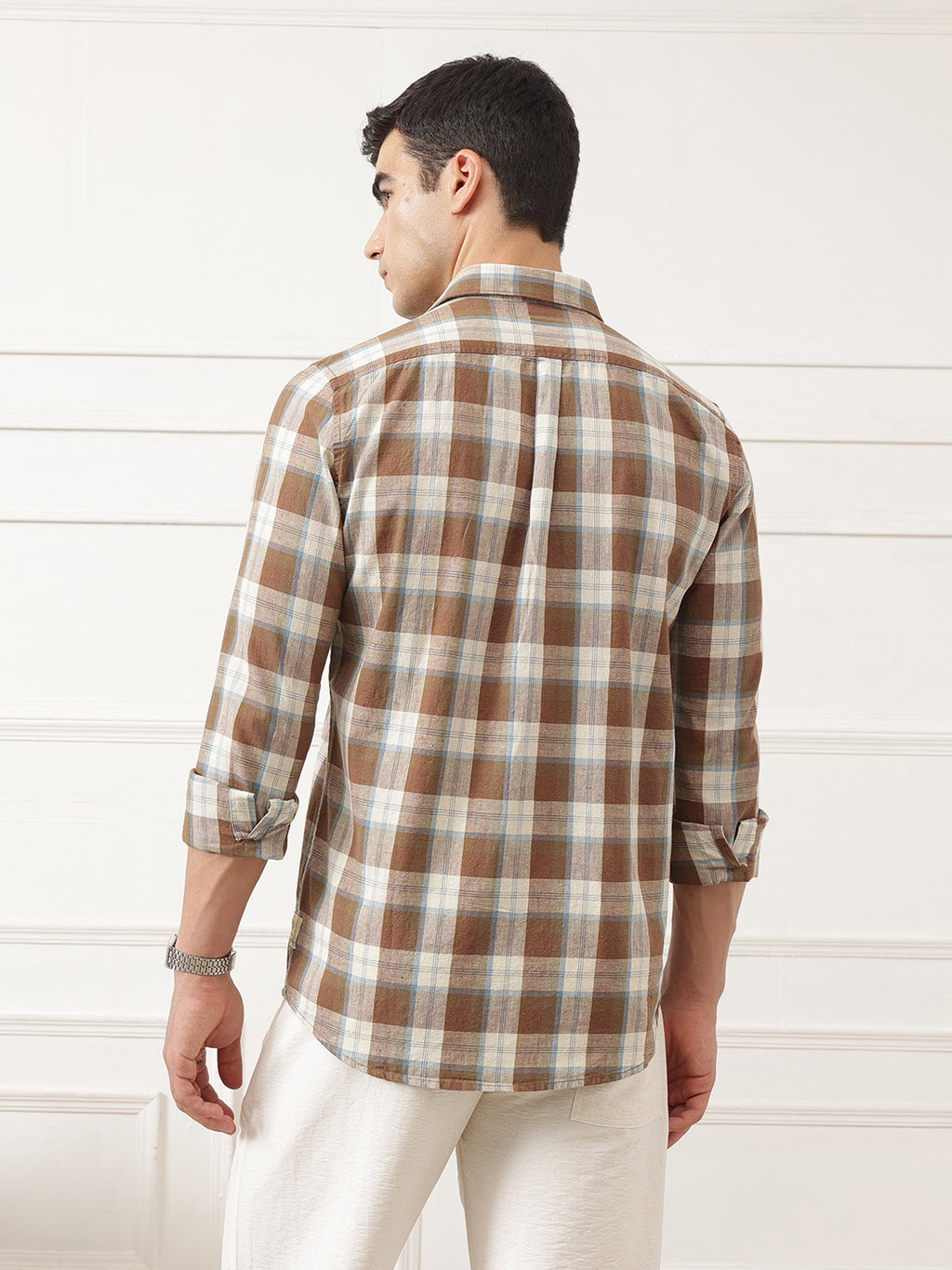 Brown Premium Slim Fit Graphic Checked Cotton Linen Casual Shirt For Men