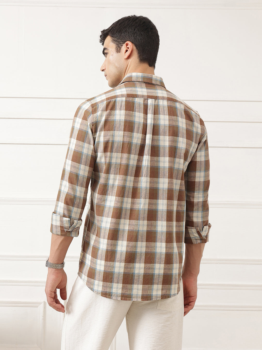 Brown Premium Slim Fit Graphic Checked Cotton Linen Casual Shirt For Men