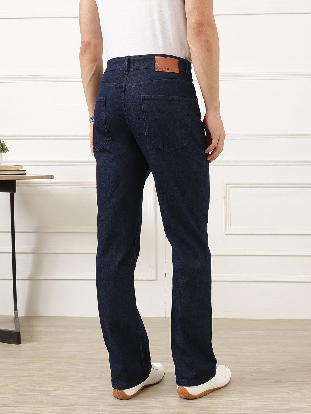 Dark Blue Smart Bootcut Fit Mid-Rise Clean Look Stretchable Jeans For Men