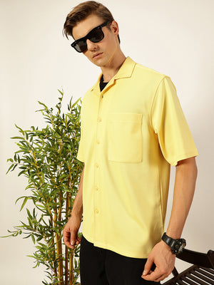 Thomas Scott Men Yellow Premium Short Sleeves Regular Fit Cuban Collar Textured Cotton Twill Shirt