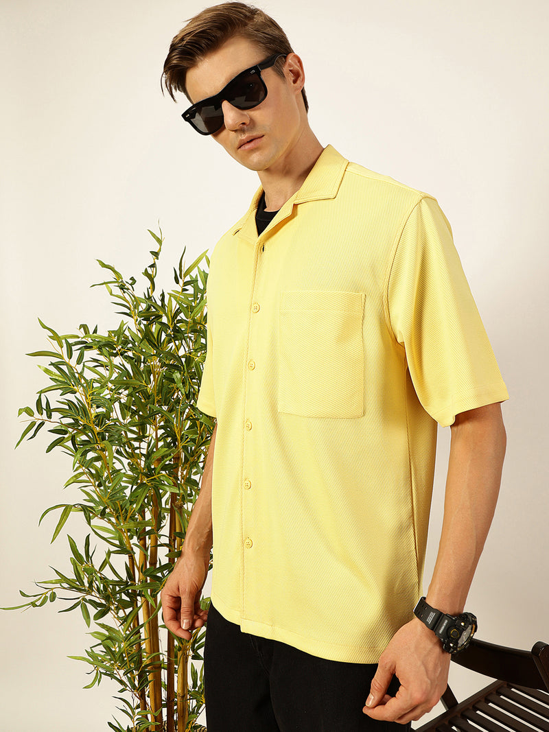 Thomas Scott Men Yellow Premium Short Sleeves Regular Fit Cuban Collar Textured Cotton Twill Shirt