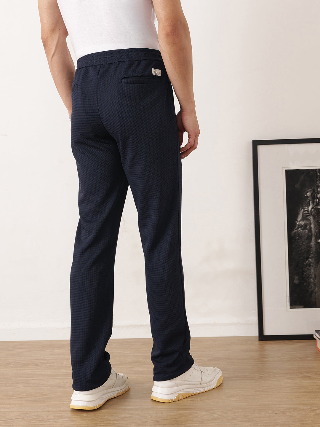 Thomas Scott Men Navy Smart Regular Fit Mid-Rise Textured Pleated Knitted Casual Trousers with Drawstring Closure