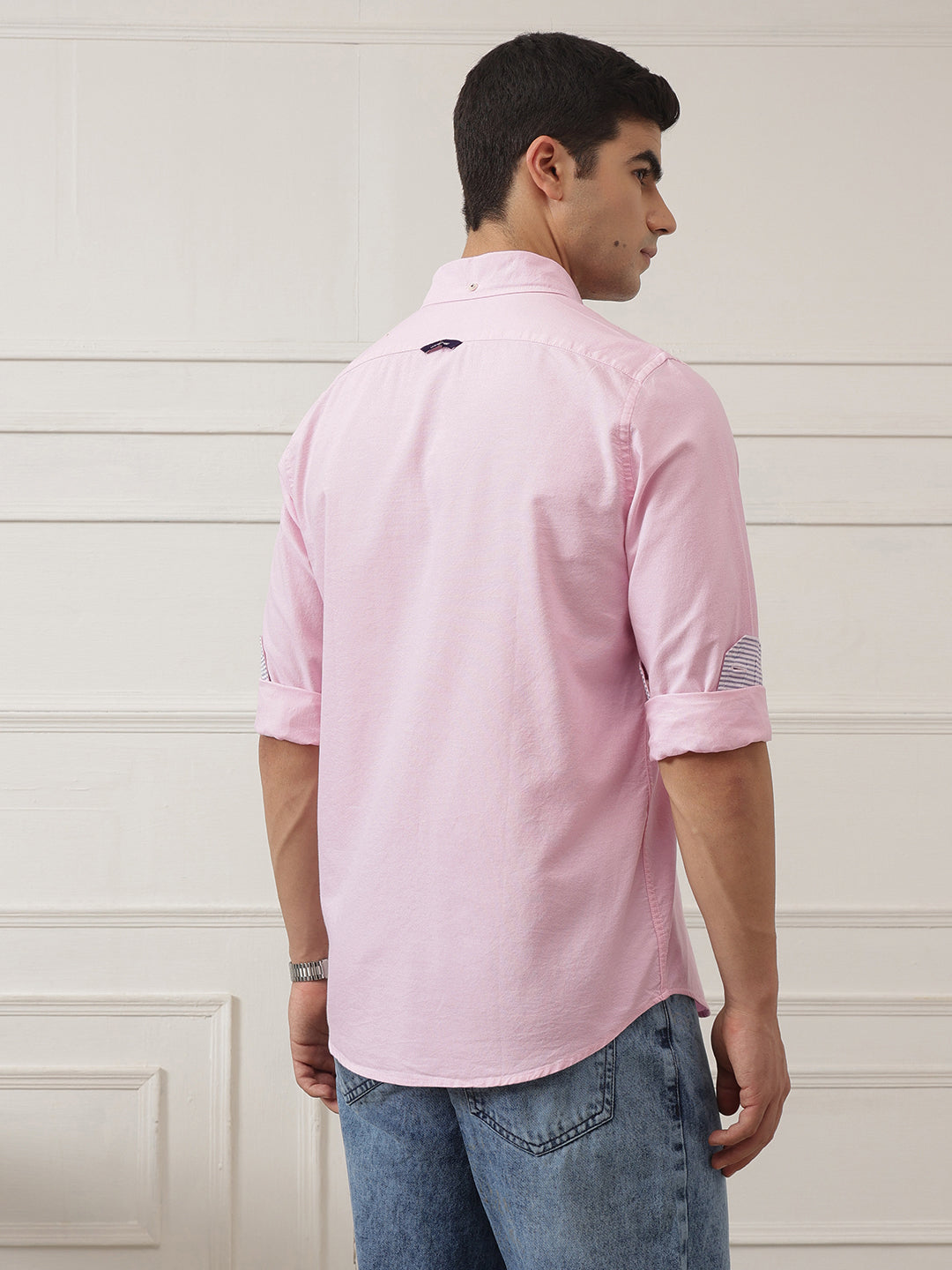 Light Pink Premium Regular Fit Button-Down Collar Solid Pure Cotton Casual Shirt For Men