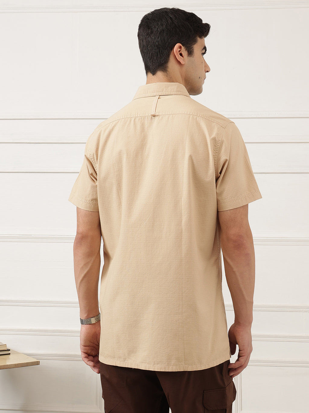 Beige Premium Regular Fit Short Sleeves Spread Collar Textured Casual Shirt For Men
