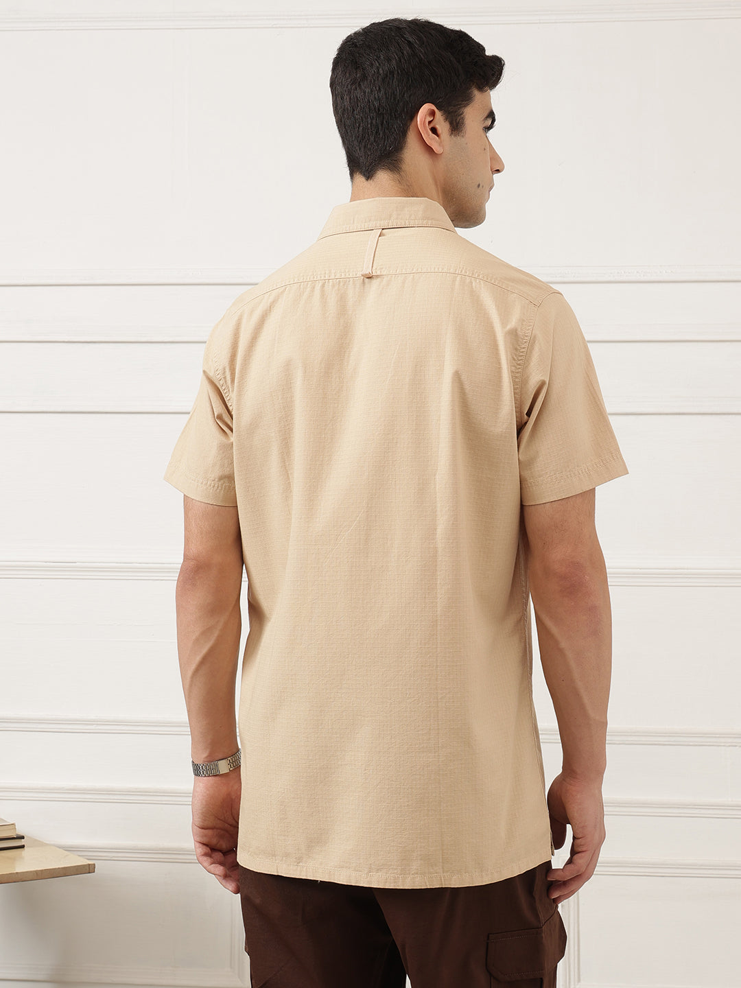 Beige Premium Regular Fit Short Sleeves Spread Collar Textured Casual Shirt For Men