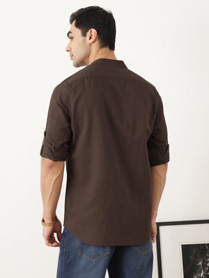Thomas Scott Men Premium Brown Slim Fit Long Sleeves Mandarin Collar Solid Cotton Linen Casual Shirt