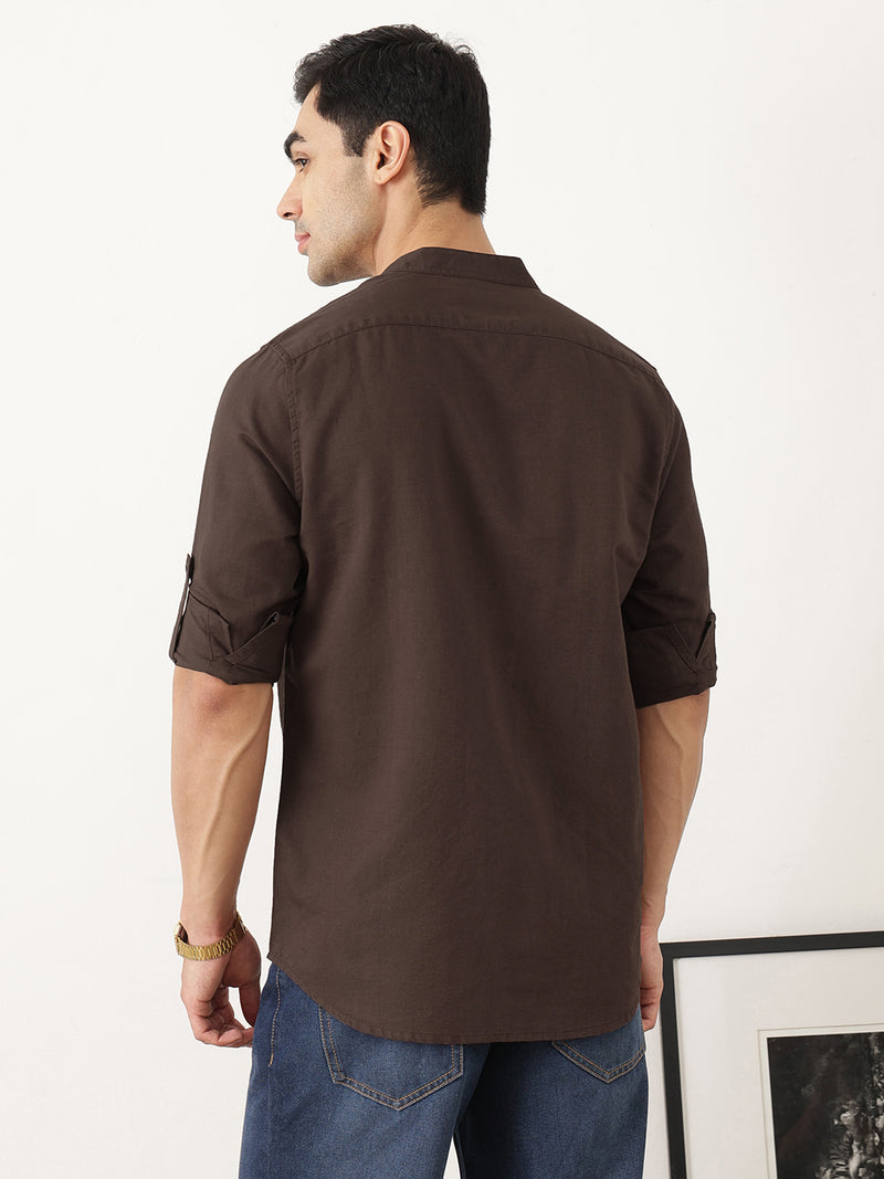 Thomas Scott Men Premium Brown Slim Fit Long Sleeves Mandarin Collar Solid Cotton Linen Casual Shirt