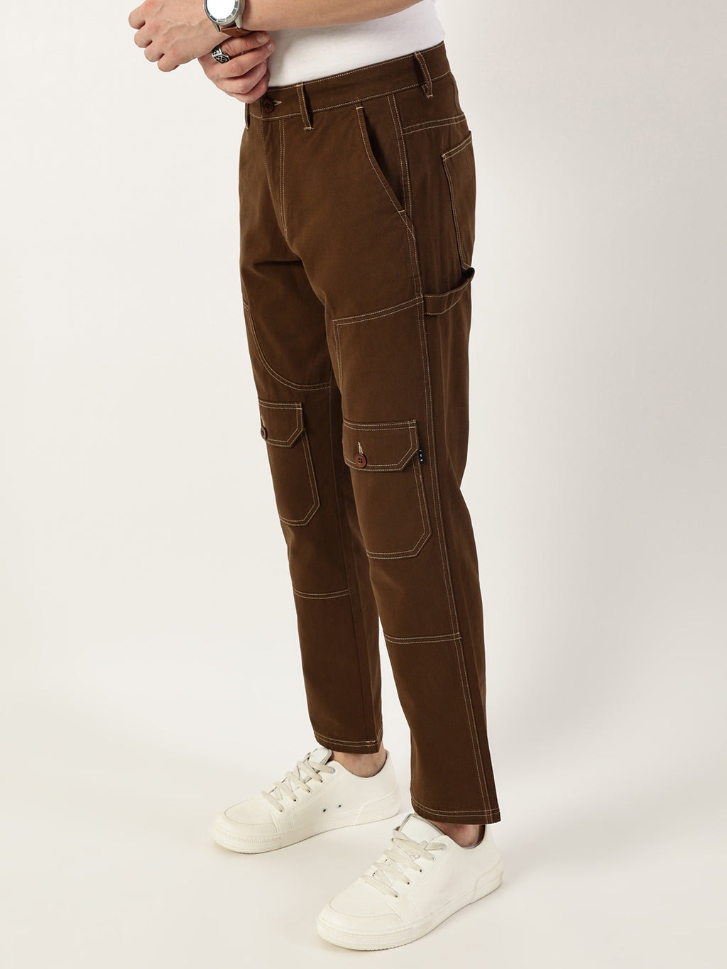 Thomas Scott Men Brown Smart Regular Fit Mid-Rise Solid Cotton Woven Trouser