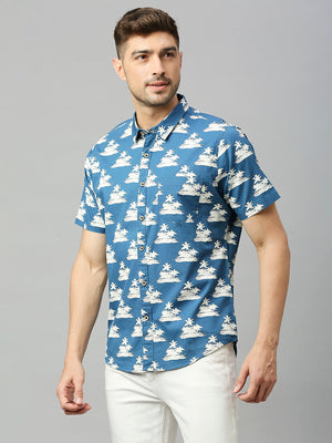 Thomas Scott Men Blue 1 Classic Short Sleeves Slim Fit Spread Collar Floral Printed Cotton Casual Shirt
