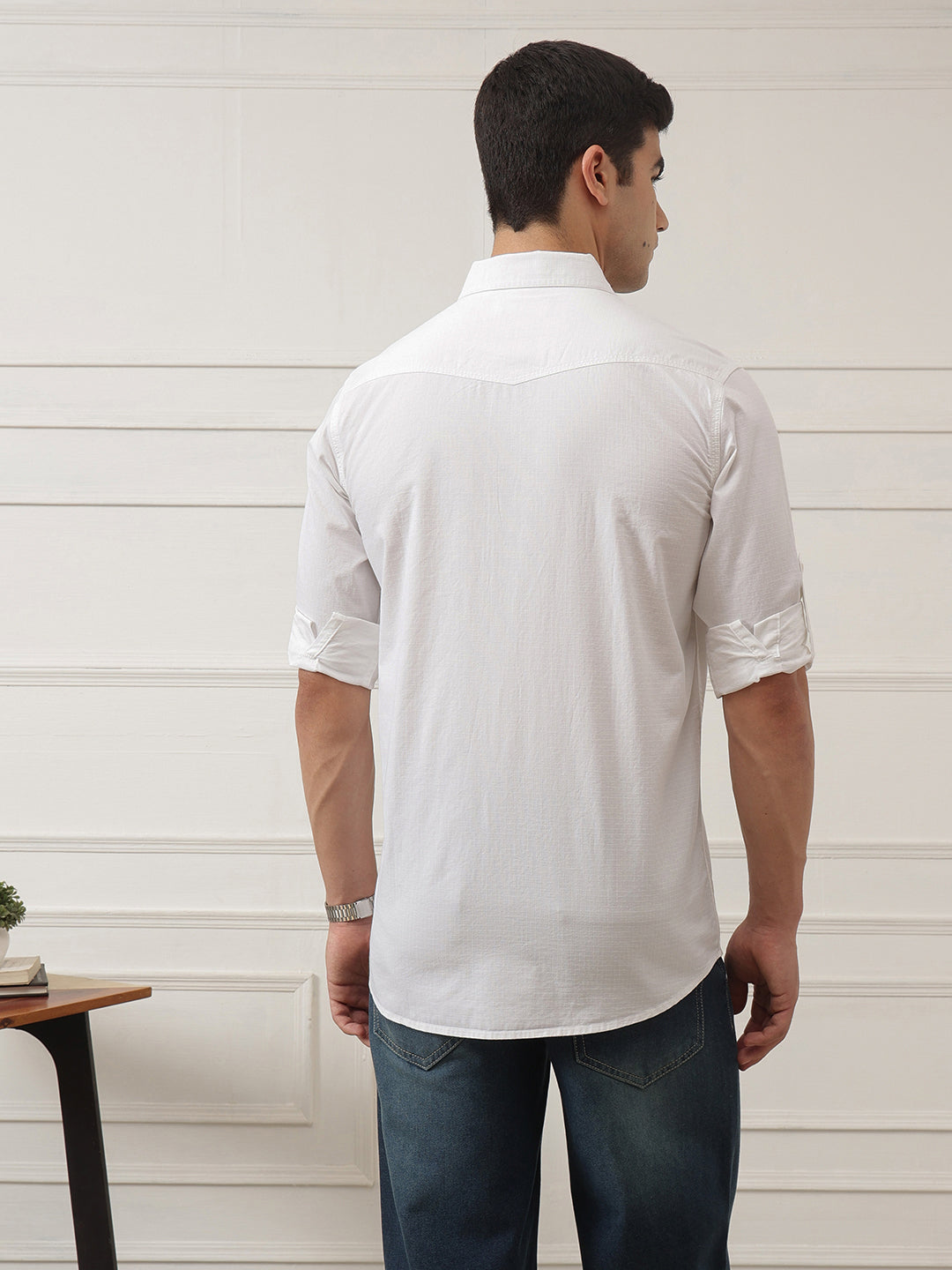 White Optical Roll-Up Sleeve Regular Fit Spread Collar Textured Cotton Casual Shirt For Men