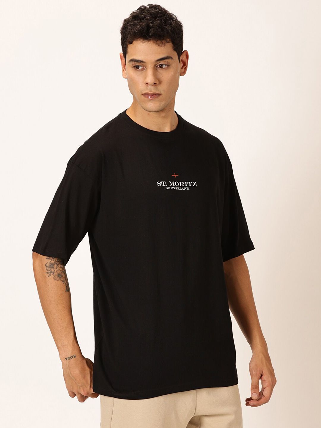 Black Oversized Short Sleeves Round Neck Typography Printed Knitted Cotton Tshirt For Men