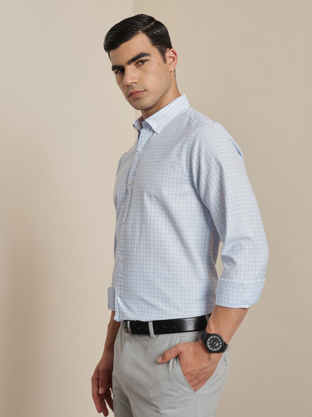 Thomas Scott Men Smart Blue Regular Fit Long Sleeves Button Down Collar Micro Checks Formal Shirt