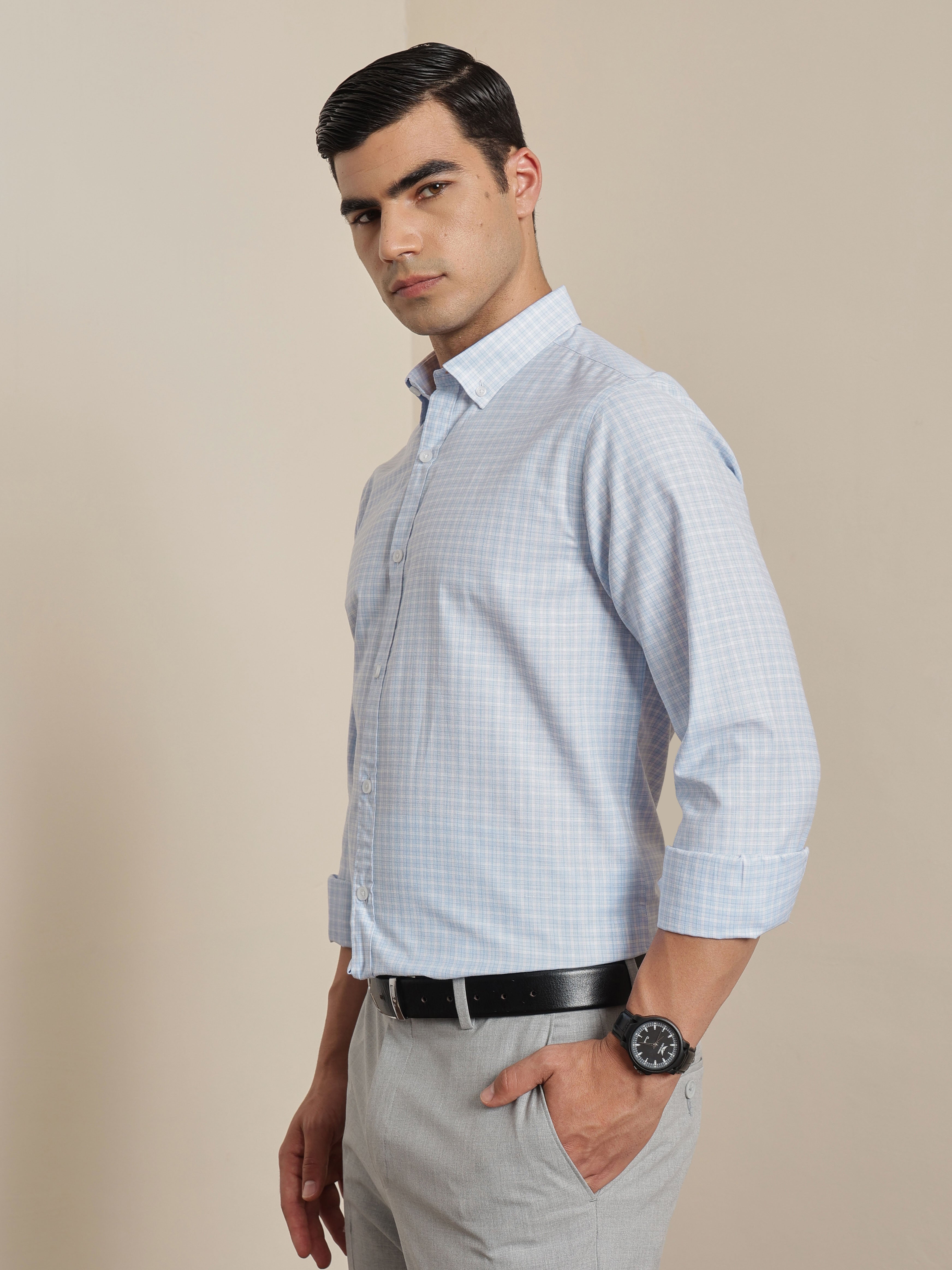 Thomas Scott Men Smart Blue Regular Fit Long Sleeves Button Down Collar Micro Checks Formal Shirt