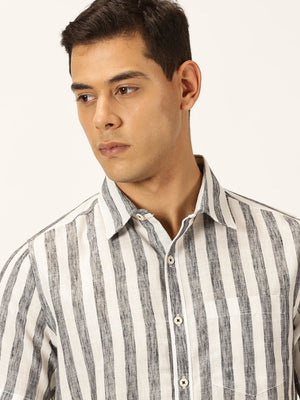 Black Premium Vertical Stripes Cotton & Linen Casual Shirt For Men