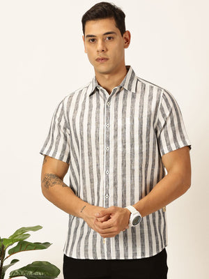 Black Premium Vertical Stripes Cotton & Linen Casual Shirt For Men