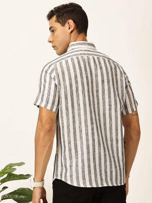 Black Premium Vertical Stripes Cotton & Linen Casual Shirt For Men