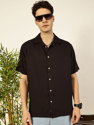 Thomas Scott Men Black Premium Oversized Short Sleeves Cuban Collar Solid Casual Shirt