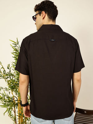 Thomas Scott Men Black Premium Oversized Short Sleeves Cuban Collar Solid Casual Shirt