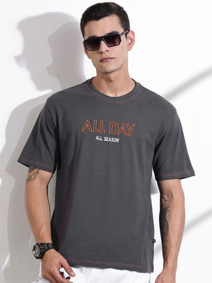 Thomas Scott Men Grey Oversized Typography Print Knit Tshirt