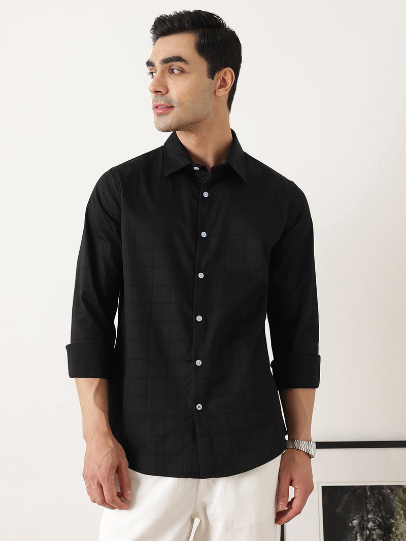 Thomas Scott Men Premium Black Regular Fit Long Sleeves Spread Collar Windowpane Checks Cotton Lycra Casual Shirt