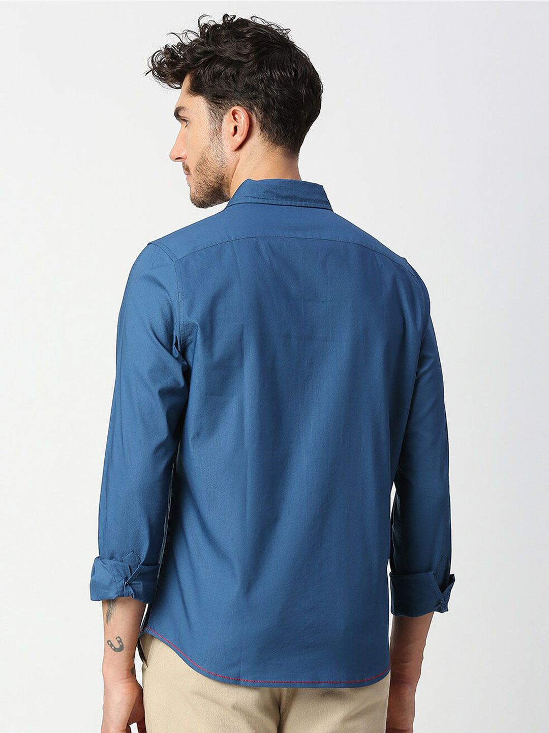 Dark Blue Slim Fit Long Sleeves Spread Solid Collar Casual Shirt For Men