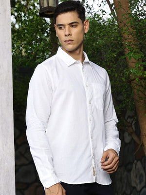 White Premium Regular Fit Long Sleeves Spread Collar Solid Cotton Linen Casual Shirt For Men
