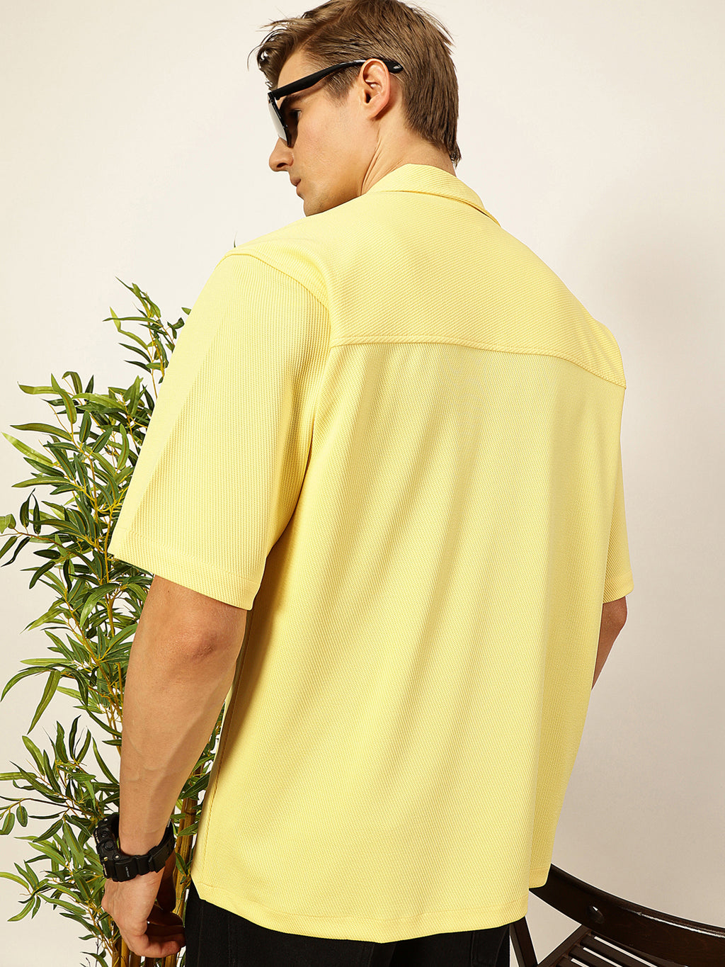 Thomas Scott Men Yellow Premium Short Sleeves Regular Fit Cuban Collar Textured Cotton Twill Shirt
