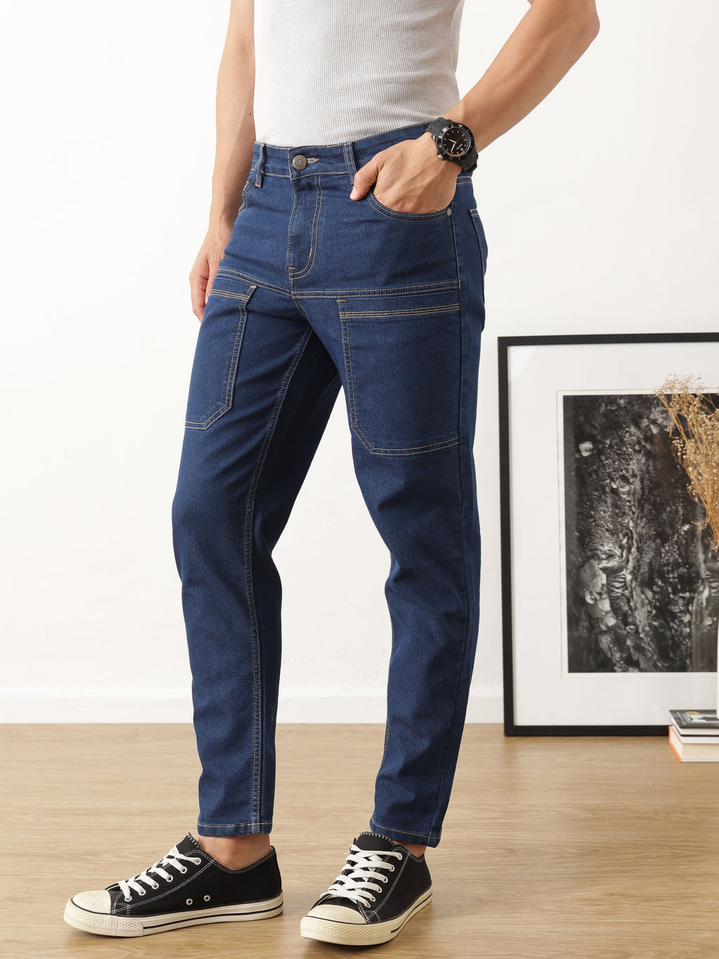 Thomas Scott Men Dark Blue Carrot Fit Mid-Rise Medium Shade Clean Look Stretchable Jeans