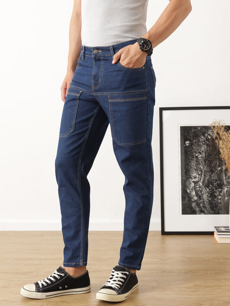 Thomas Scott Men Dark Blue Carrot Fit Mid-Rise Medium Shade Clean Look Stretchable Jeans