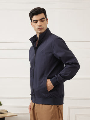 Navy Regular Fit Solid Full Sleeves Stand Collar Zip-Front Casual Bomber Jacket For Men