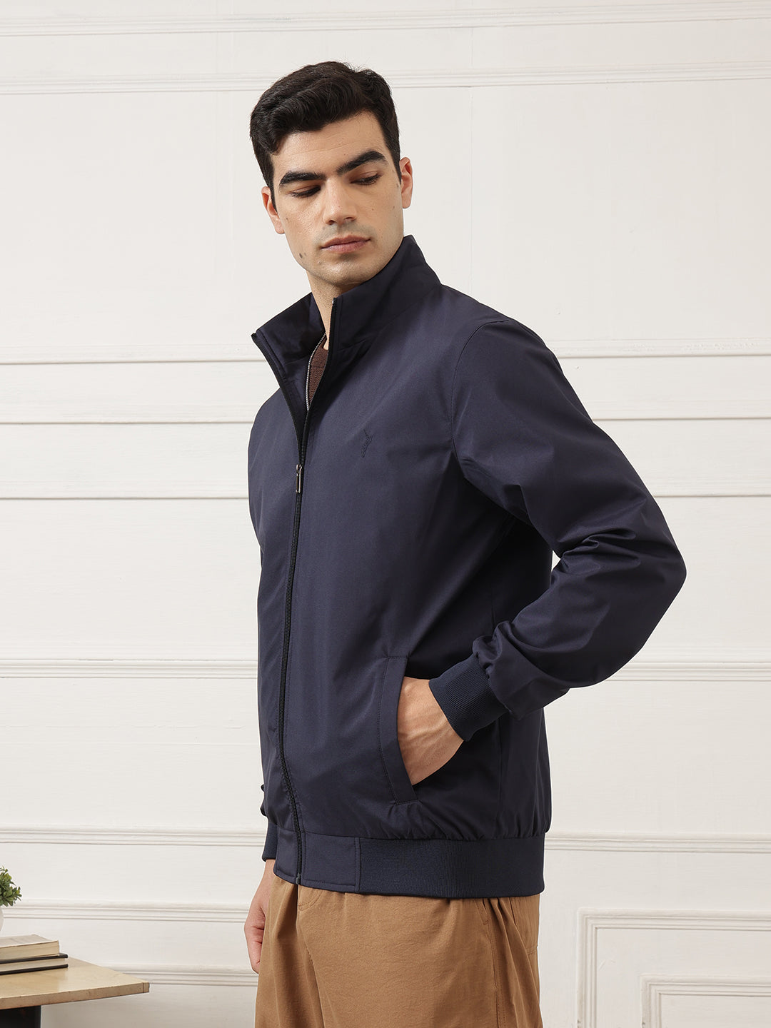 Navy Regular Fit Solid Full Sleeves Stand Collar Zip-Front Casual Bomber Jacket For Men