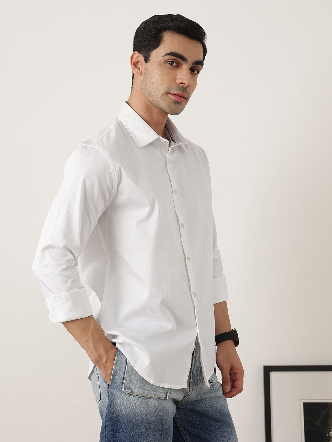 Thomas Scott Men Premium White Optical Regular Fit Long Sleeves Spread Collar Windowpane Checks Cotton Lycra Casual Shirt