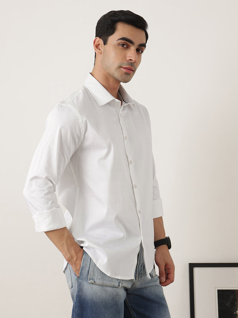 Thomas Scott Men Premium White Optical Regular Fit Long Sleeves Spread Collar Windowpane Checks Cotton Lycra Casual Shirt