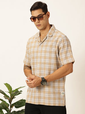 Thomas Scott Men Beige Premium Oversized Short Sleeves Tartan Checks Cuban Collar Casual Shirts